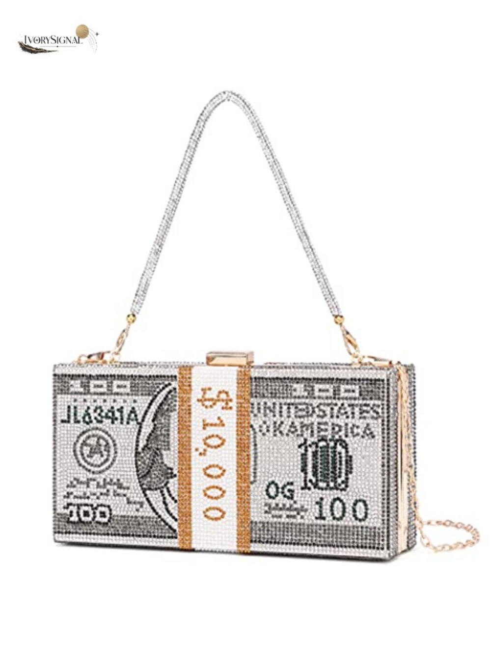 Rhinestone Dollar Clutch Purse Evening Handbag Faux Leather Chain